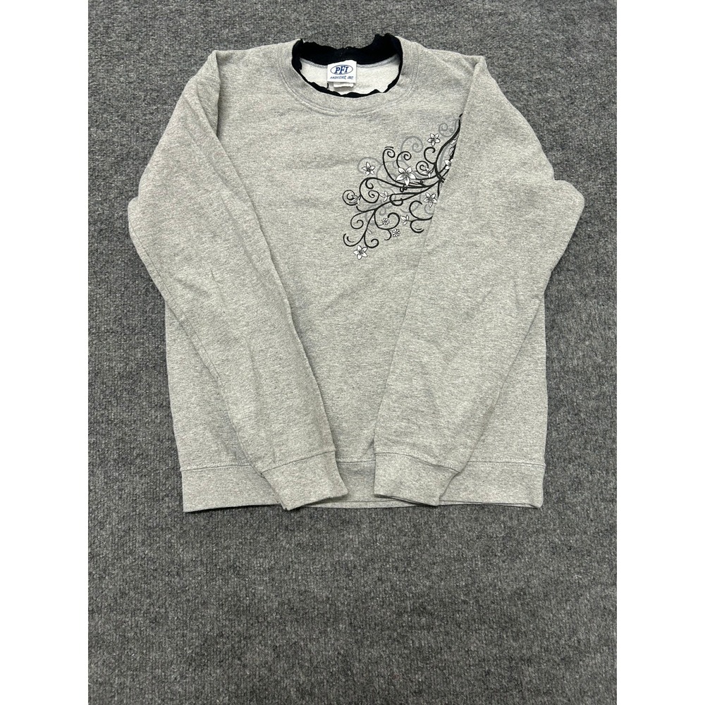 PFI Sweatshirt Womens Size M Gray Floral Graphic Double Neck Pullover Casual